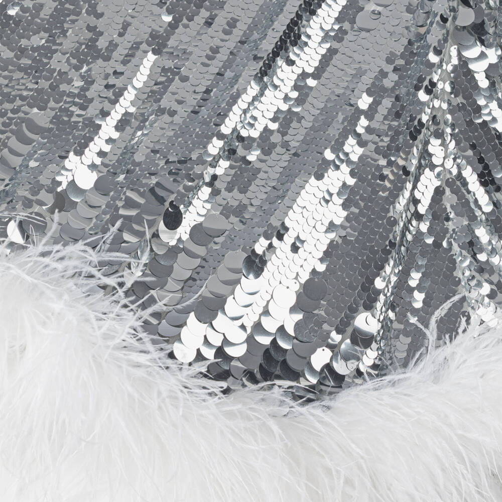 Junona-Girls Silver Sequinned Tulle Dress with a Crystal & Feather Brooch | Childrensalon Outlet