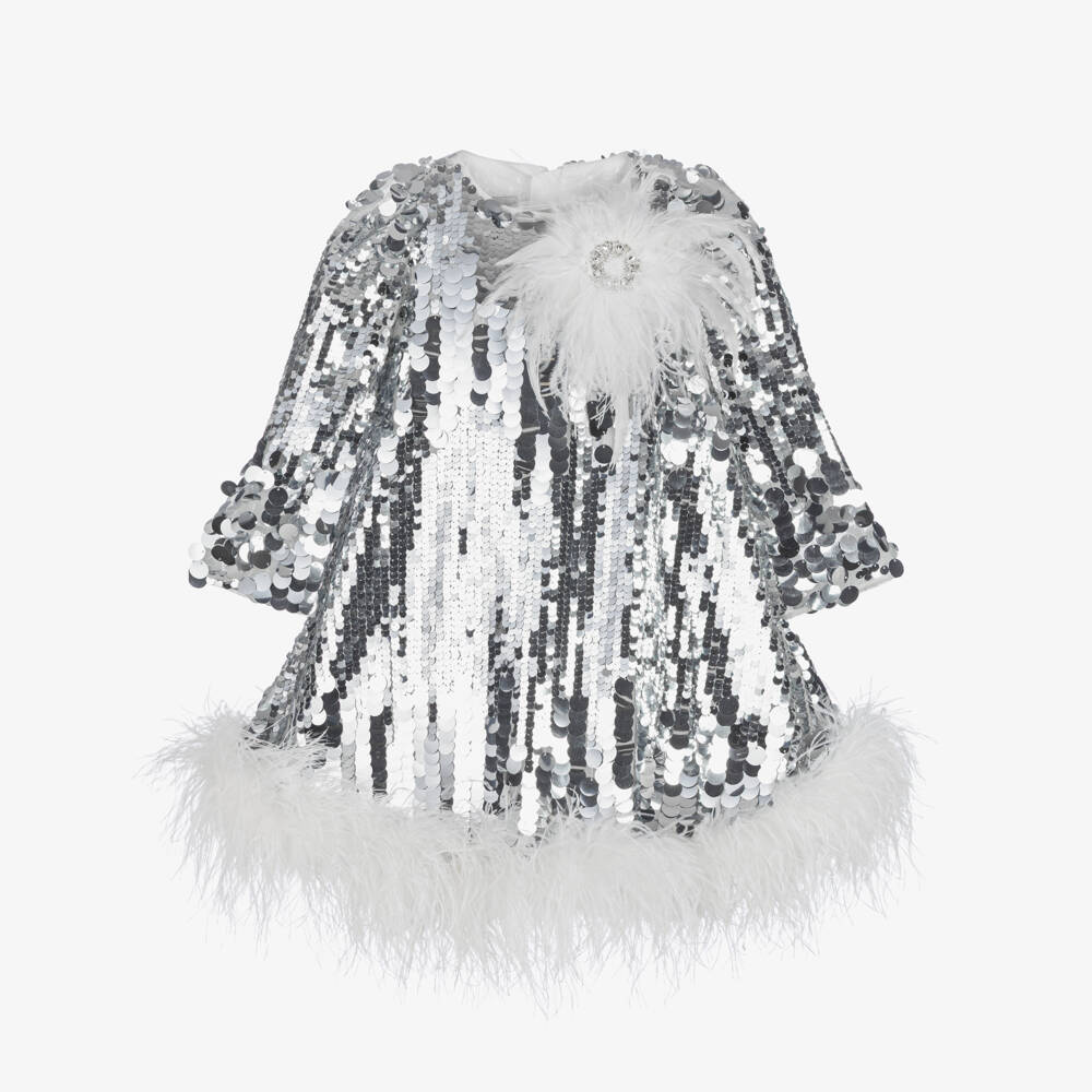 Junona-Girls Silver Sequinned Tulle Dress with a Crystal & Feather Brooch | Childrensalon Outlet
