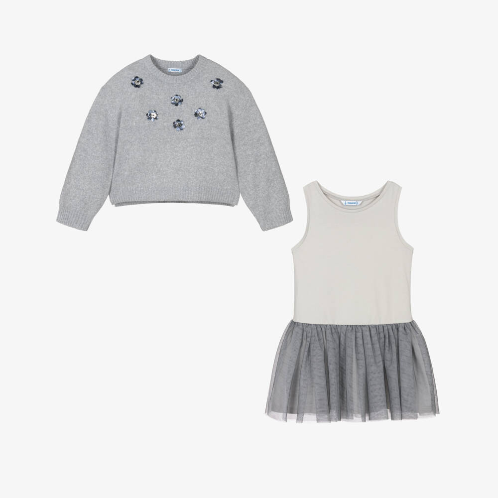 Mayoral-Girls Sparkly Grey Tulle Dress Set | Childrensalon Outlet