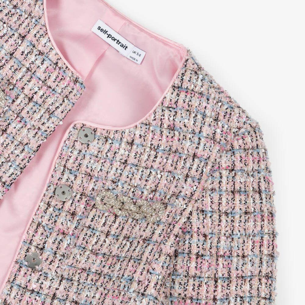 Self-Portrait-Girls Sparkly Pink Tweed Jacket with Faux Fur Cuffs | Childrensalon Outlet