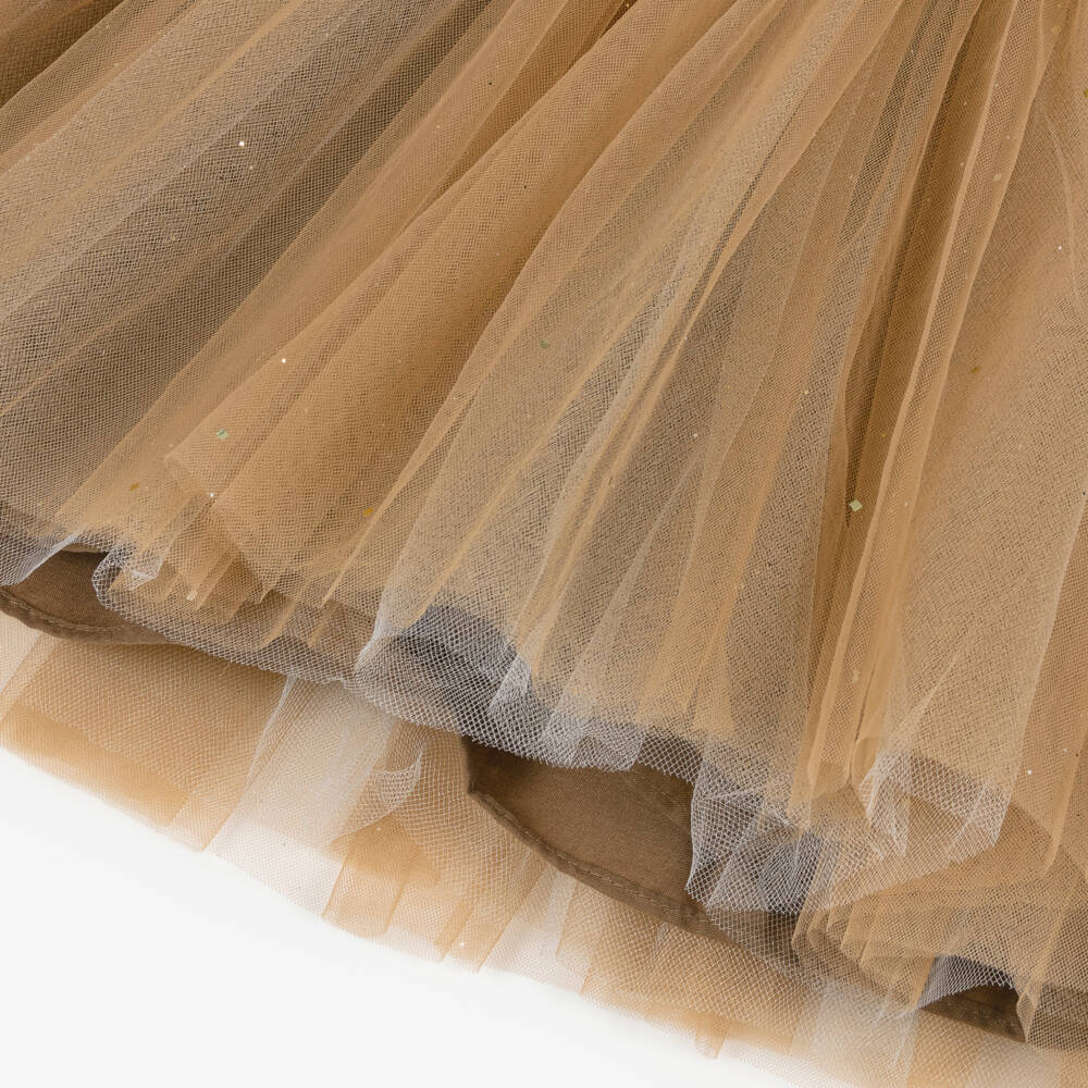 Beau KiD-Girls Tan Brown Knit & Tulle Dress with Diamanté Bow | Childrensalon Outlet