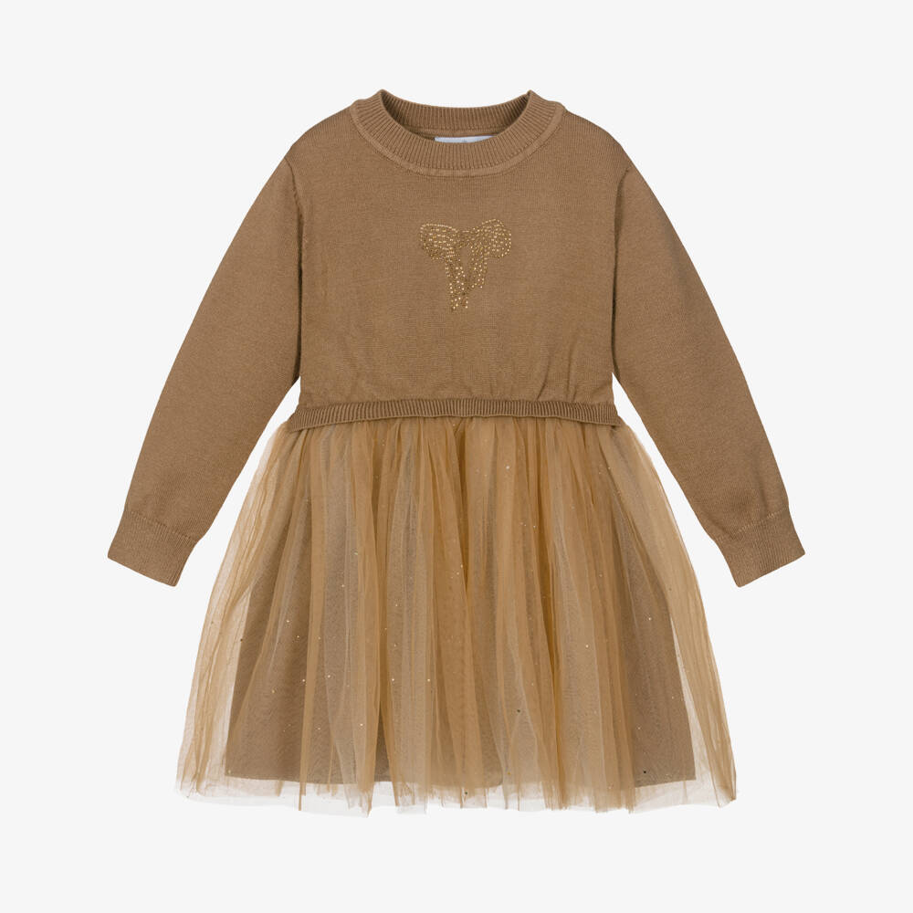 Beau KiD-Girls Tan Brown Knit & Tulle Dress with DiamantÃ© Bow | Childrensalon Outlet