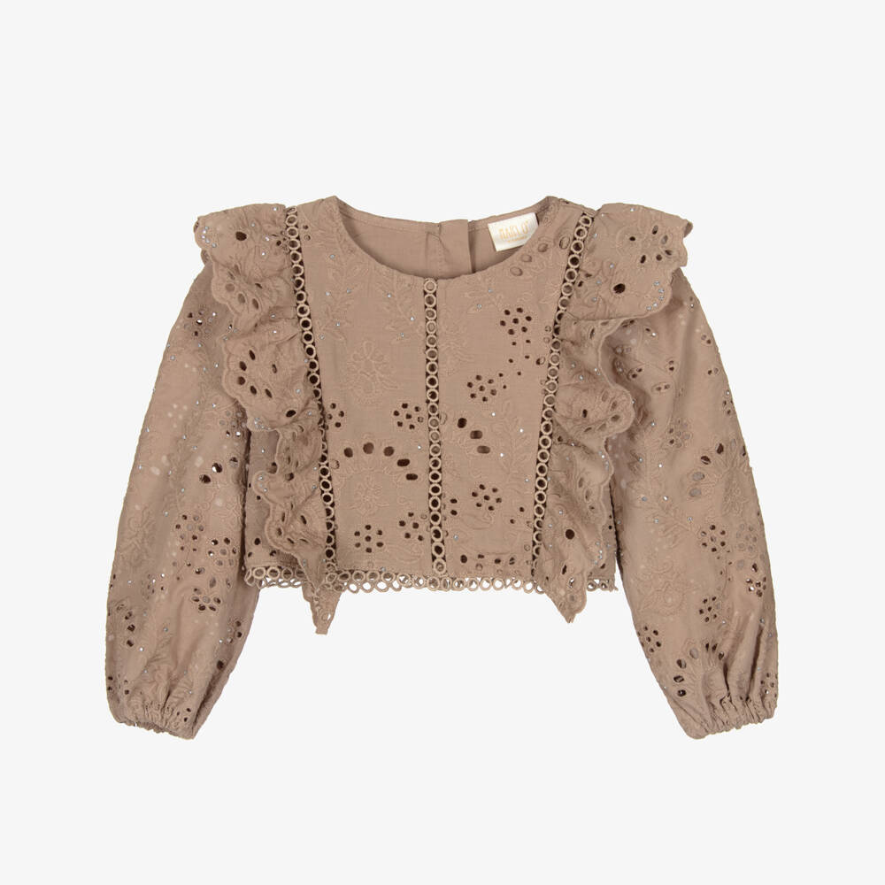 Marlo Kids-Блузка из хлопка с кружевом для девочек в цвете тауп | Childrensalon Outlet