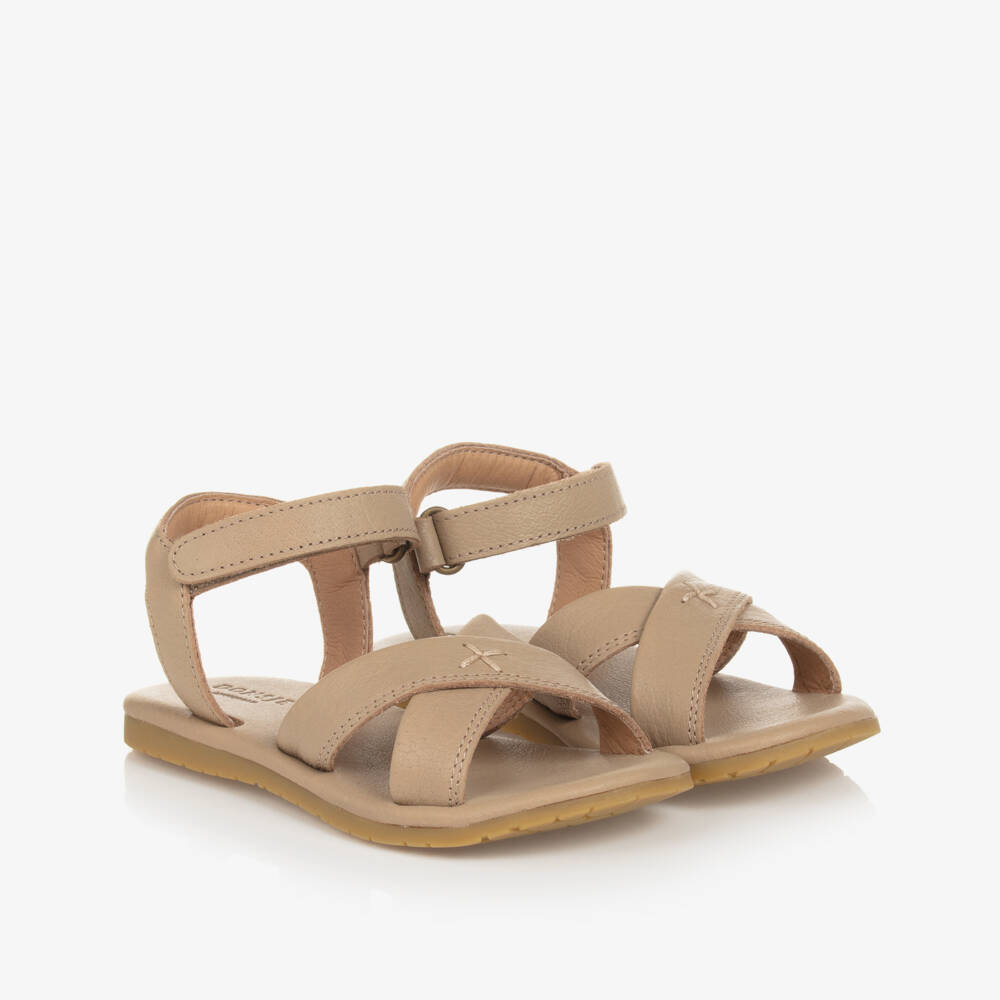 Donsje-Girls Taupe Brown Leather Velcro Sandals | Childrensalon Outlet