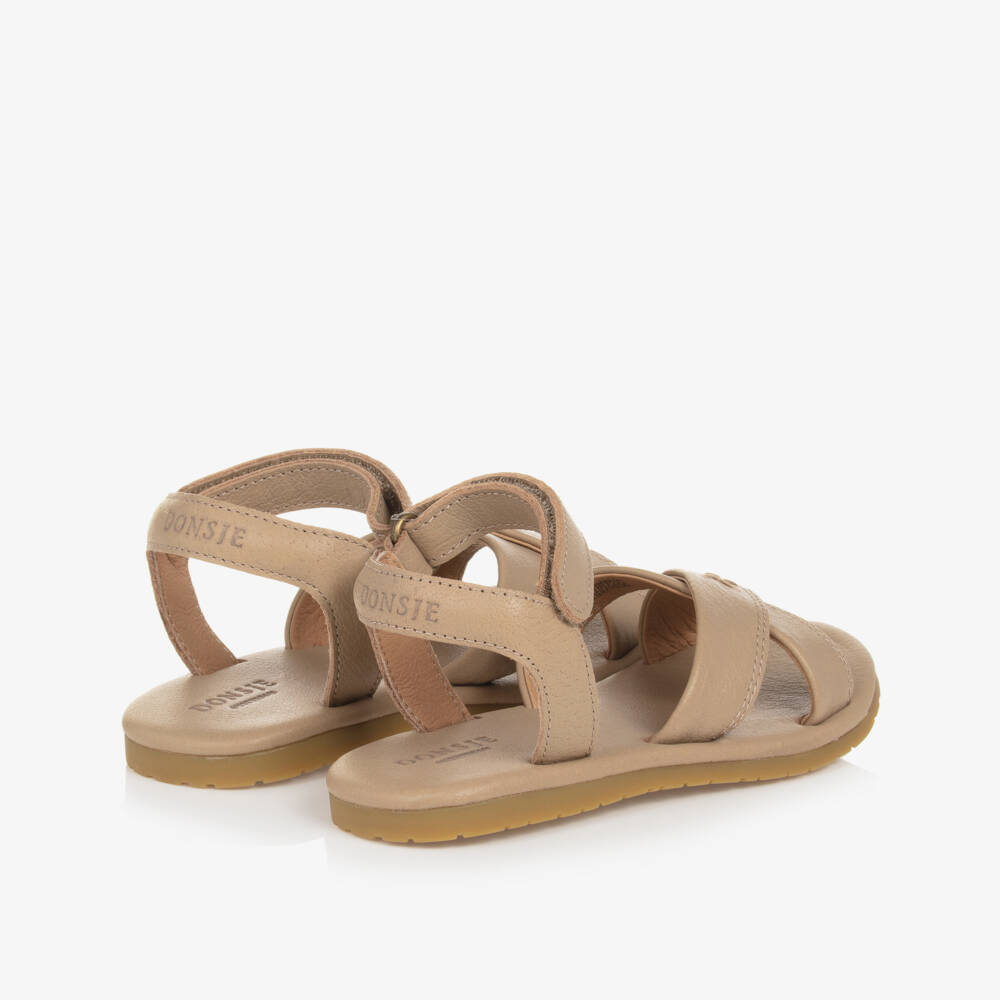Donsje-Girls Taupe Brown Leather Velcro Sandals | Childrensalon Outlet