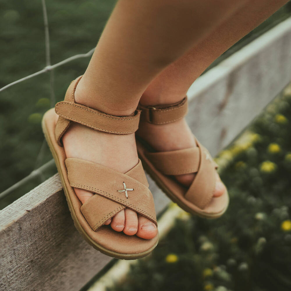 Donsje-Girls Taupe Brown Leather Velcro Sandals | Childrensalon Outlet