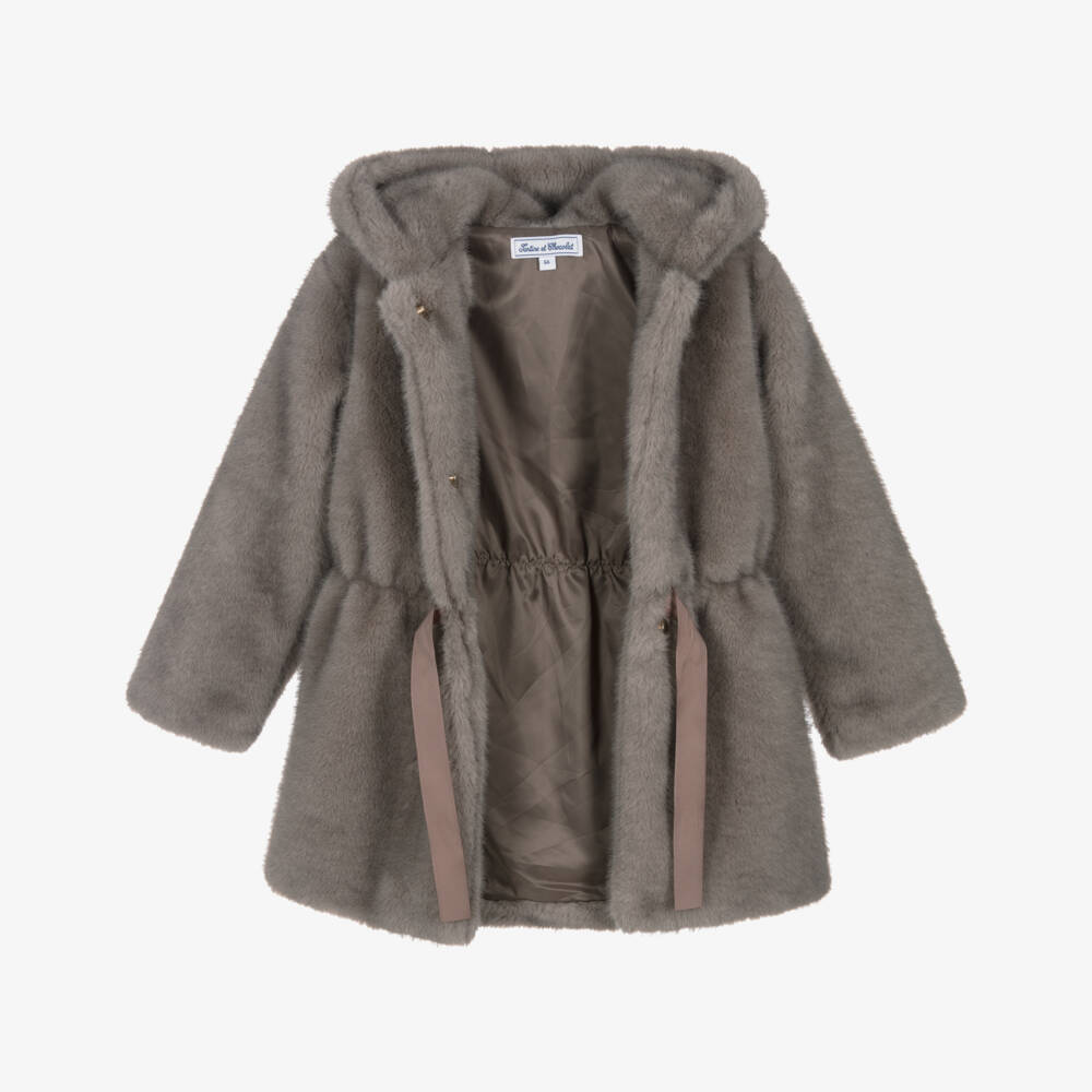 Tartine et Chocolat-Girls Taupe Hooded Faux Fur Coat with Grosgrain Tie | Childrensalon Outlet