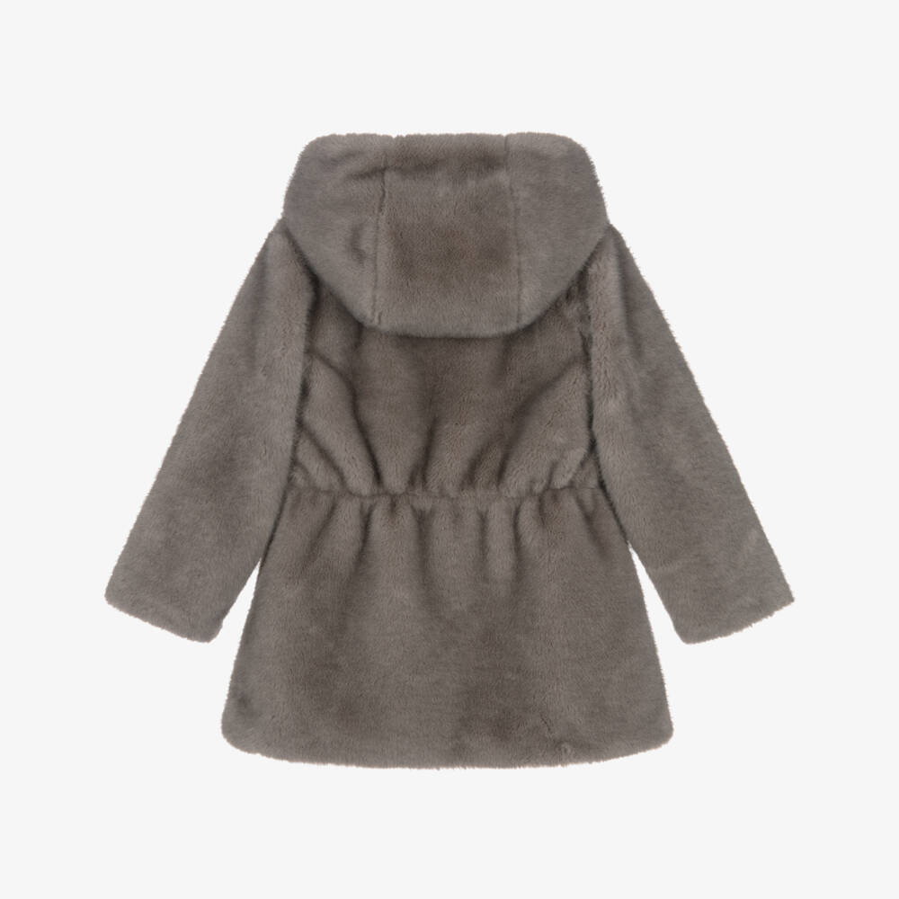 Tartine et Chocolat-Girls Taupe Hooded Faux Fur Coat with Grosgrain Tie | Childrensalon Outlet