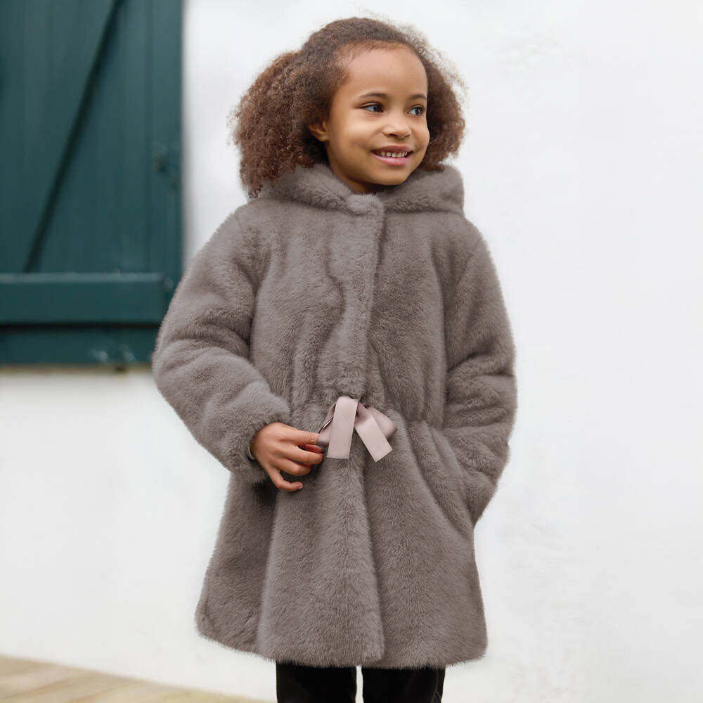 Tartine et Chocolat-Girls Taupe Hooded Faux Fur Coat with Grosgrain Tie | Childrensalon Outlet