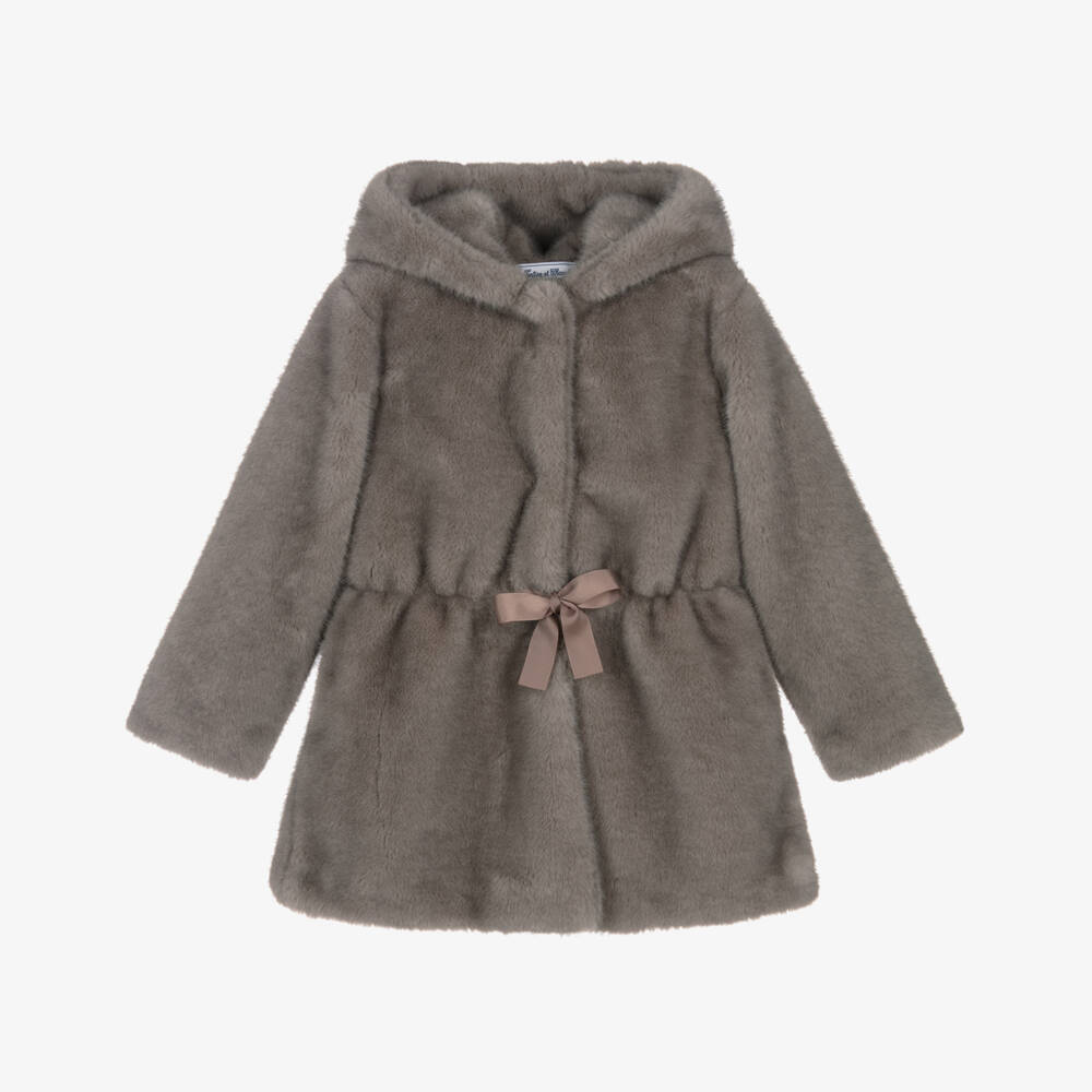 Tartine et Chocolat-Girls Taupe Hooded Faux Fur Coat with Grosgrain Tie | Childrensalon Outlet