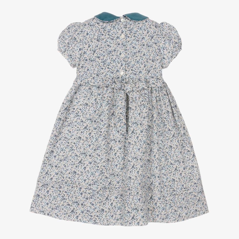 Sarah Louise-Girls Teal Blue Floral Hand-Smocked Dress | Childrensalon Outlet