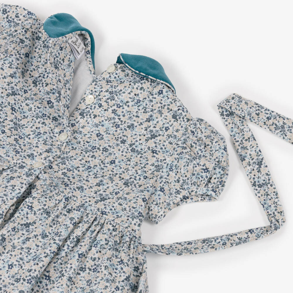 Sarah Louise-Girls Teal Blue Floral Hand-Smocked Dress | Childrensalon Outlet