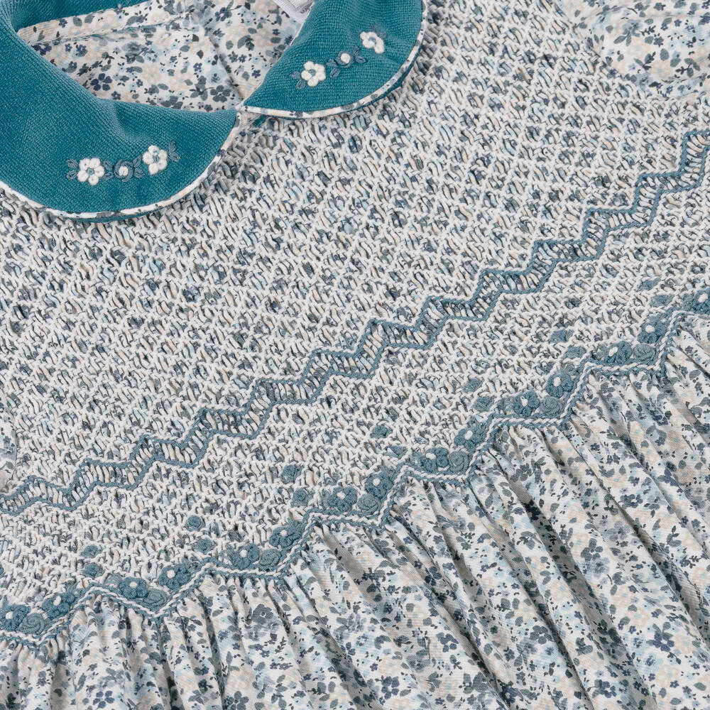 Sarah Louise-Girls Teal Blue Floral Hand-Smocked Dress | Childrensalon Outlet