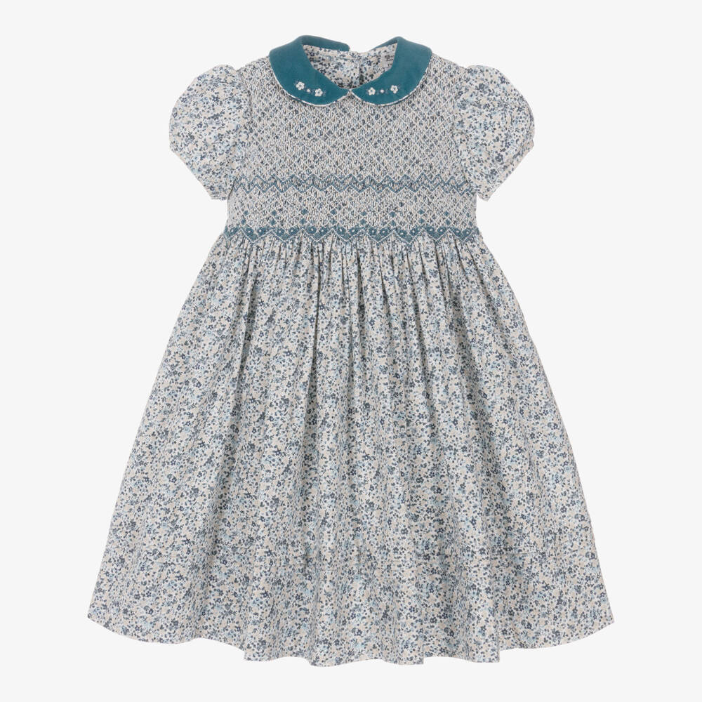 Sarah Louise-Girls Teal Blue Floral Hand-Smocked Dress | Childrensalon Outlet