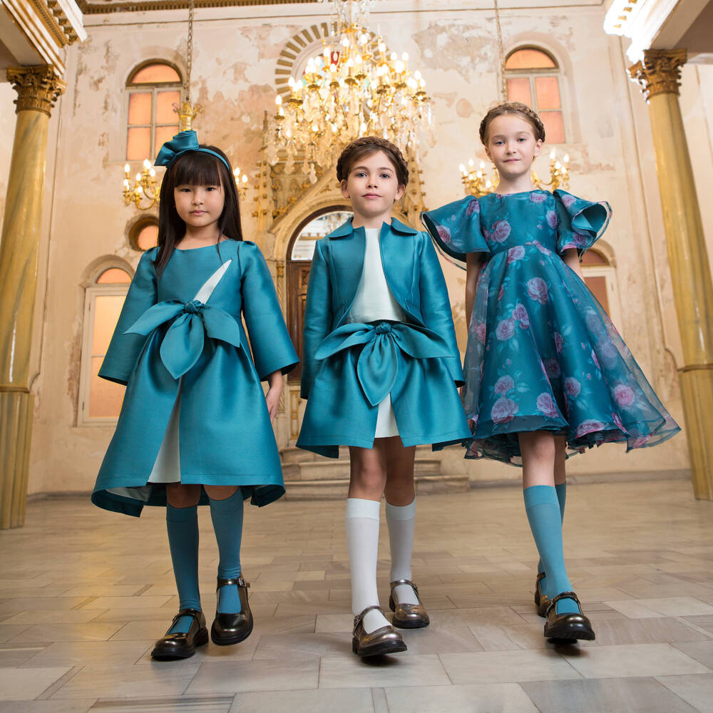 Mama Luma-Girls Teal Blue Satin Twill Bow Dress | Childrensalon Outlet