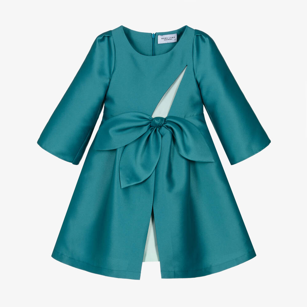 Mama Luma-Girls Teal Blue Satin Twill Bow Dress | Childrensalon Outlet