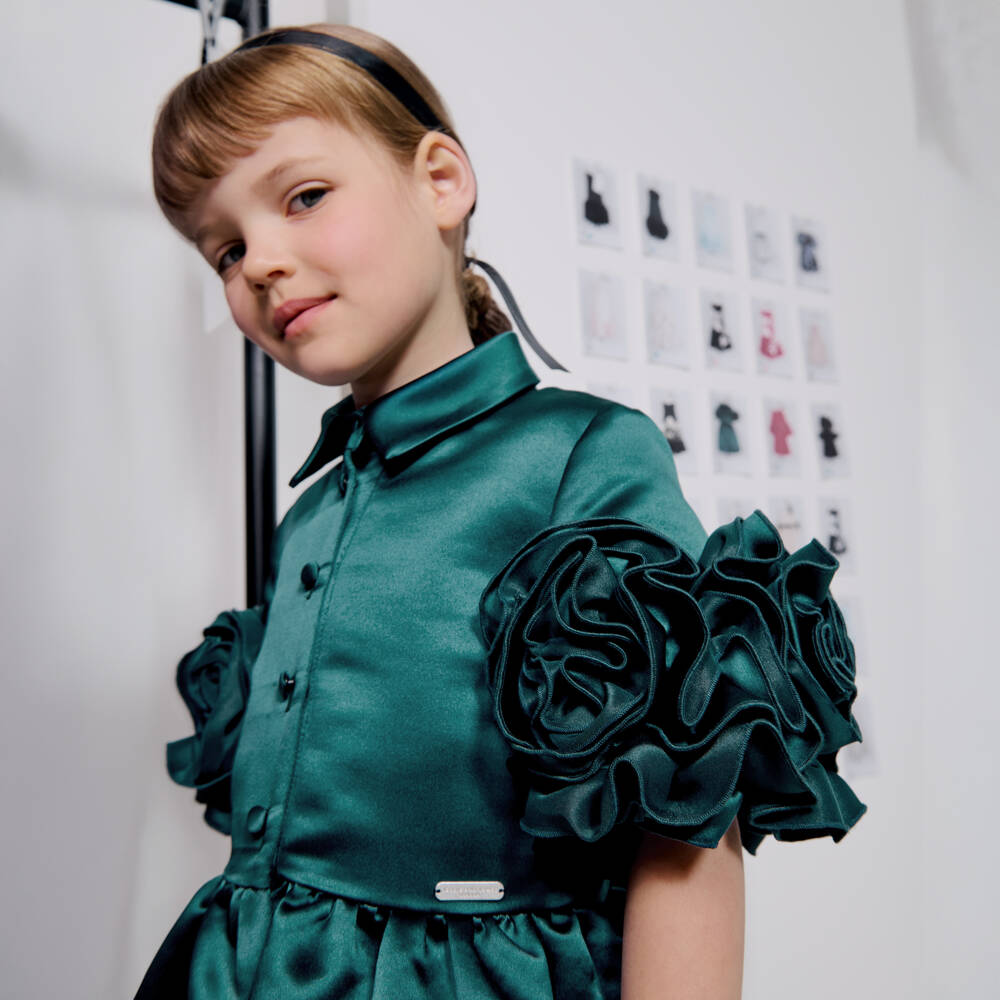 Jessie and James London-Girls Teal Green Satin Ruffle Sleeve Dress | Childrensalon Outlet