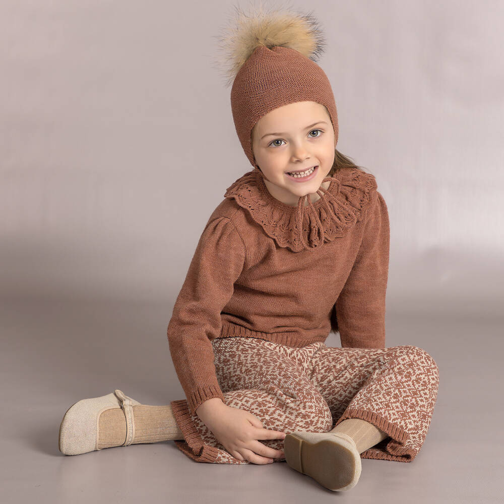 Mebi-Girls Terracotta & Beige Wool Knit Trouser Set | Childrensalon Outlet