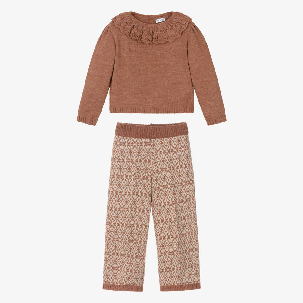 Mebi-Girls Terracotta & Beige Wool Knit Trouser Set | Childrensalon Outlet