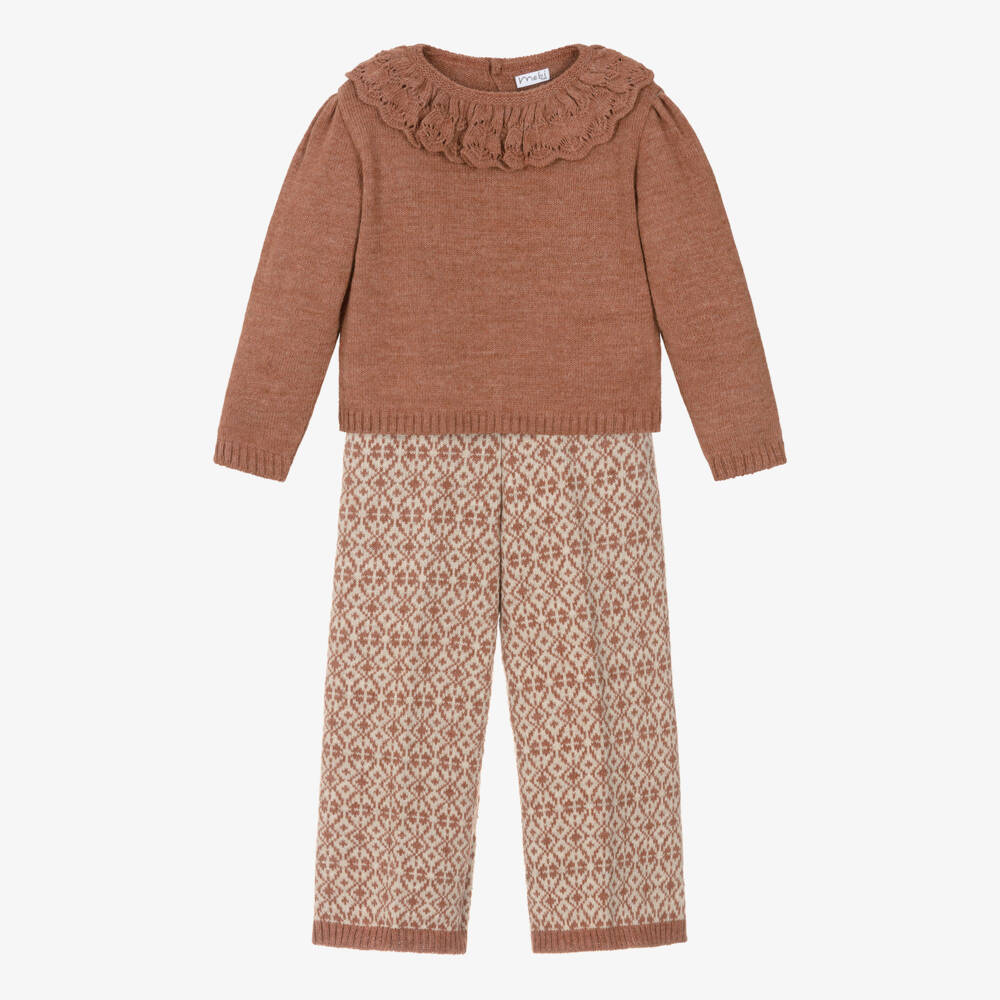Mebi-Girls Terracotta & Beige Wool Knit Trouser Set | Childrensalon Outlet