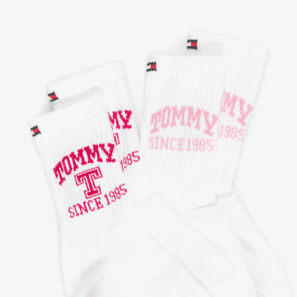 Tommy Hilfiger-Girls White Ankle Socks with Pink Logos (2 Pack) | Childrensalon Outlet