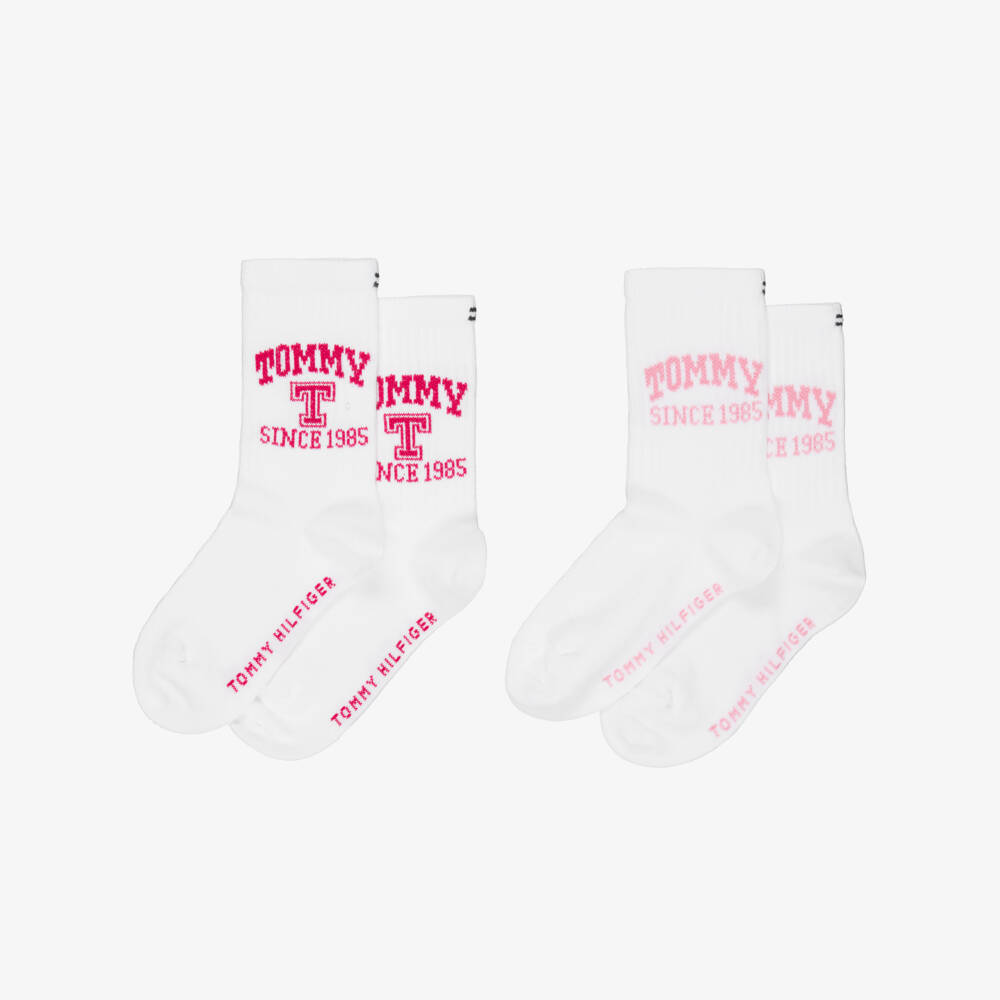 Tommy Hilfiger-Girls White Ankle Socks with Pink Logos (2 Pack) | Childrensalon Outlet