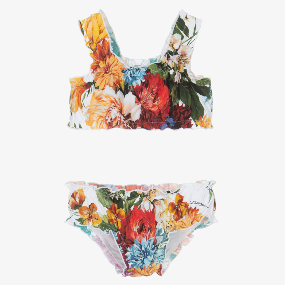 Dolce & Gabbana-Girls White Bikini with Colourful Floral Print | Childrensalon Outlet