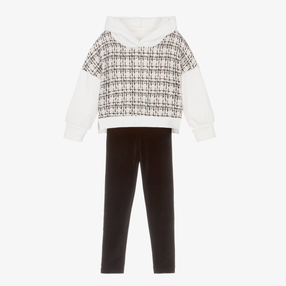 Lapin House-Girls White & Black Velour Leggings Set with Tweed Panel | Childrensalon Outlet