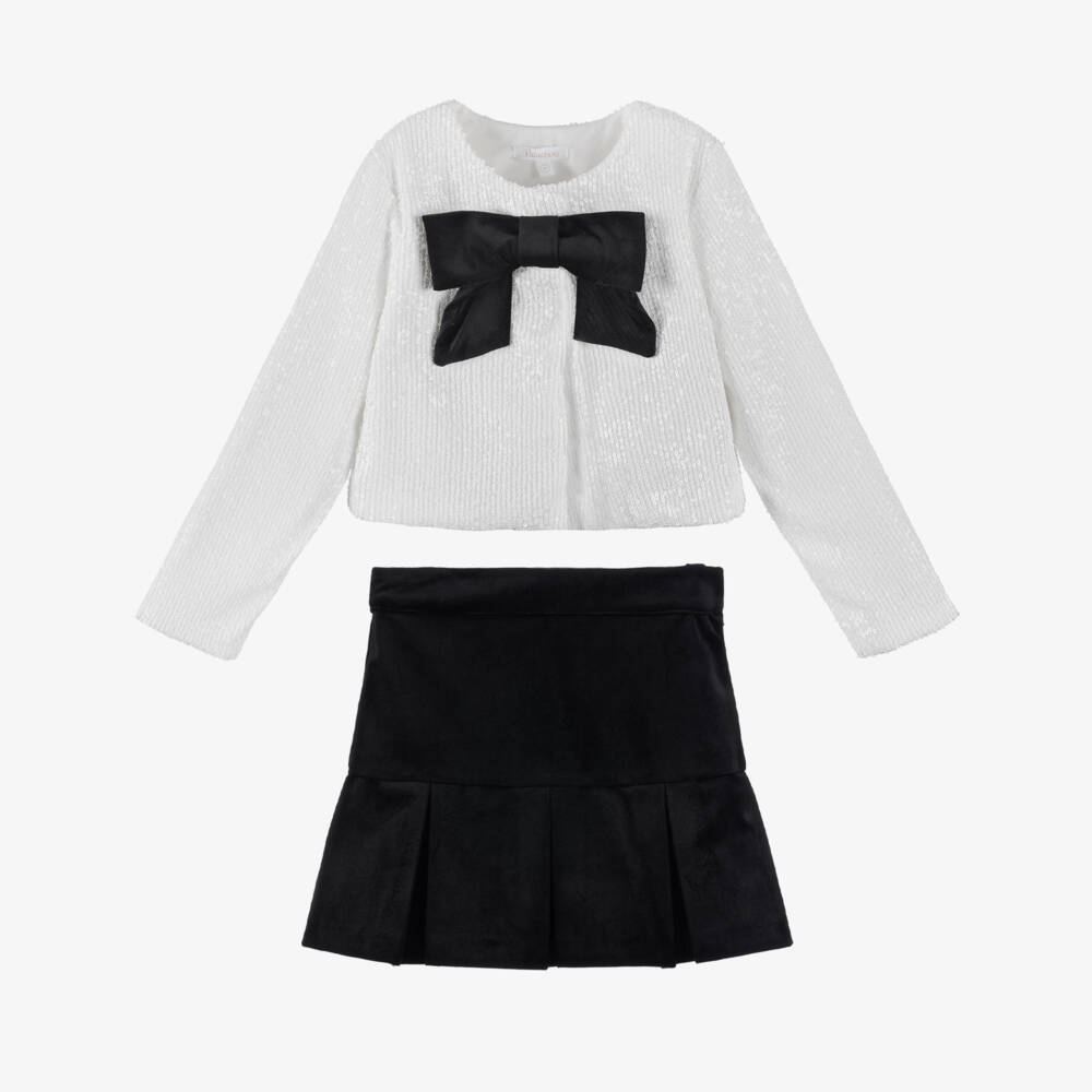 Patachou-Girls White & Black Velvet Skirt Set with Sequins | Childrensalon Outlet