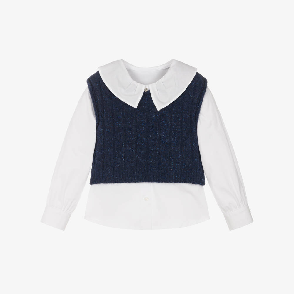 Lapin House-Girls White Blouse & Navy Blue Knitted Slipover Set | Childrensalon Outlet