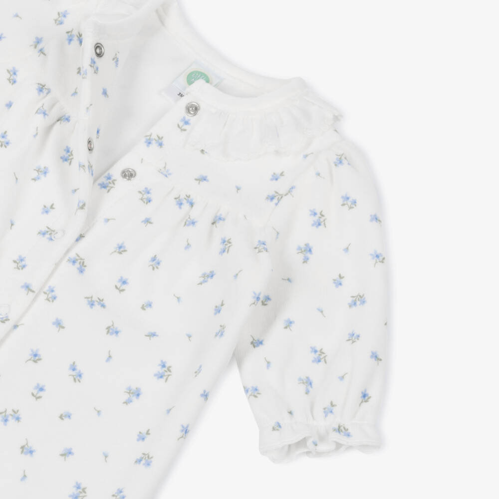 Little Me-Girls White & Blue Floral Cotton Velour Babygrow | Childrensalon Outlet