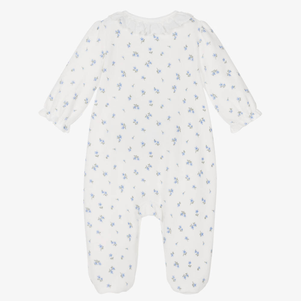 Little Me-Girls White & Blue Floral Cotton Velour Babygrow | Childrensalon Outlet