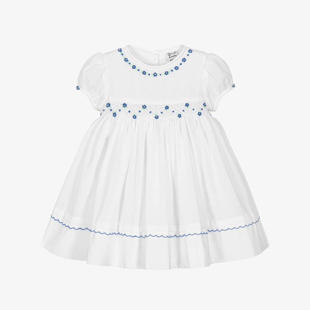 Sarah Louise-Girls White & Blue Floral Smocked Dress | Childrensalon Outlet