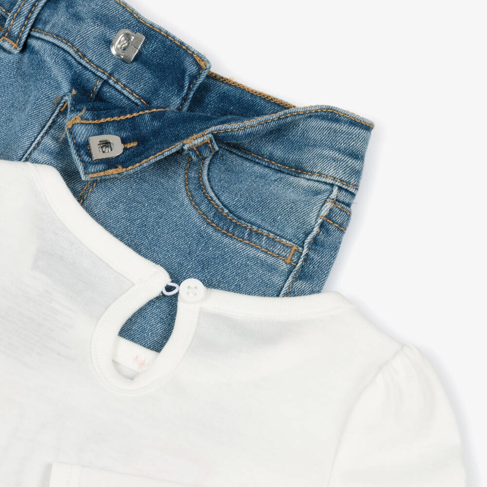 Levi's-Girls White & Blue Trouser Set with Floral Embroidery | Childrensalon Outlet