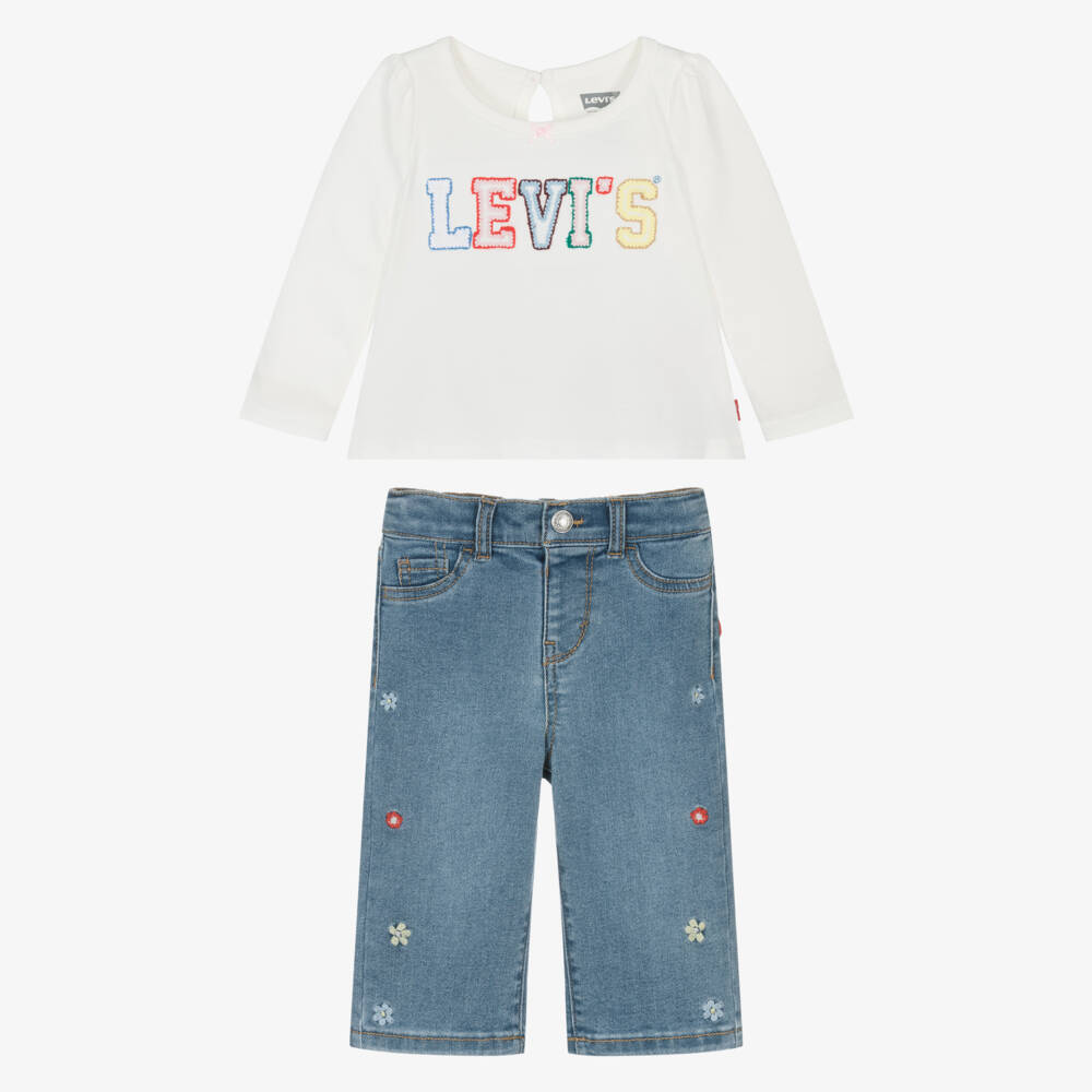 Levi's-Girls White & Blue Trouser Set with Floral Embroidery | Childrensalon Outlet