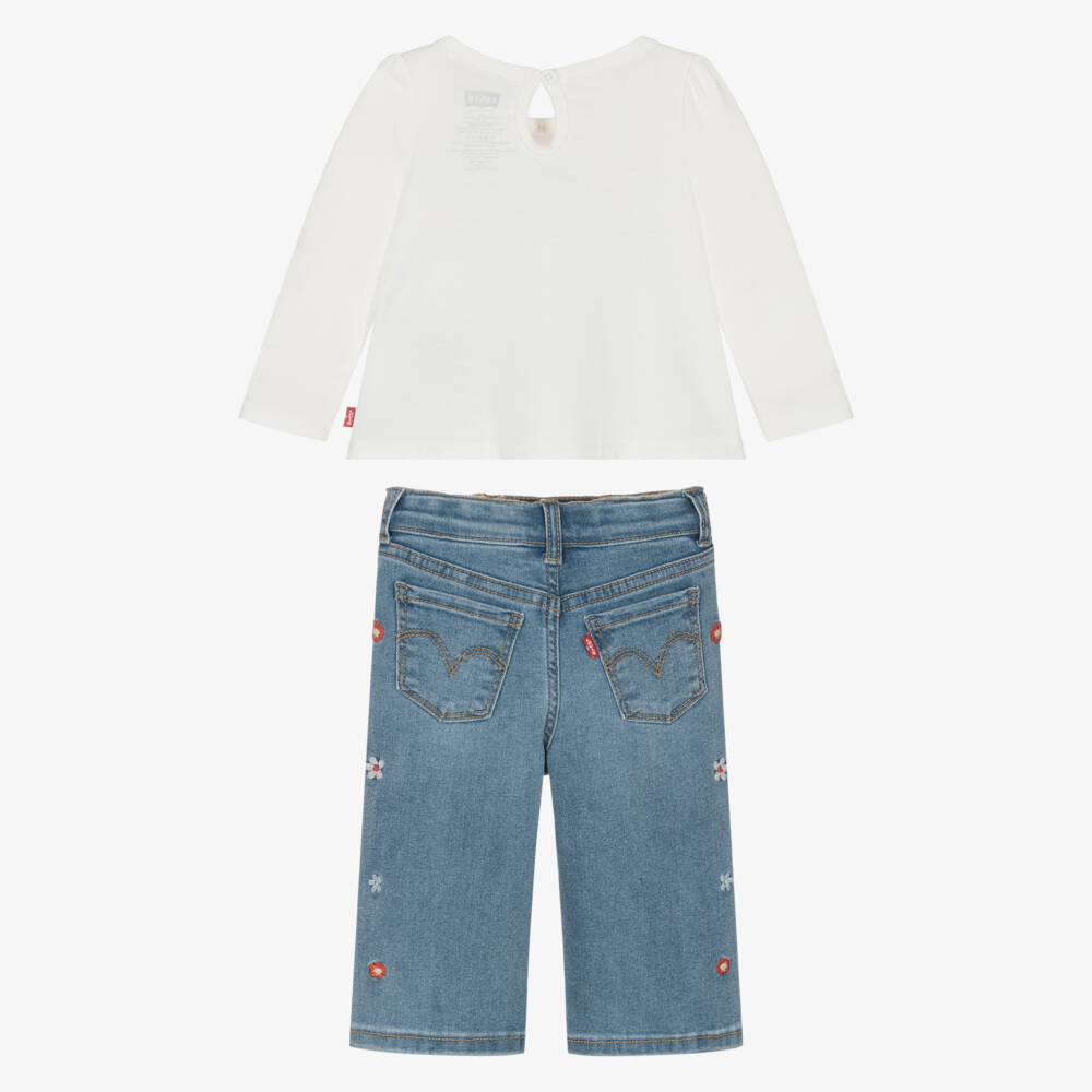 Levi's-Girls White & Blue Trouser Set with Floral Embroidery | Childrensalon Outlet