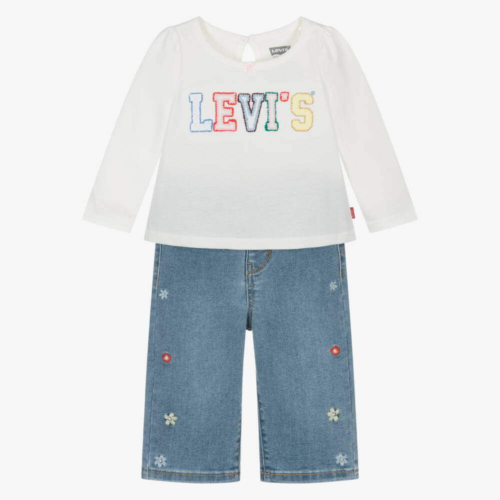 Levi's-Girls White & Blue Trouser Set with Floral Embroidery | Childrensalon Outlet