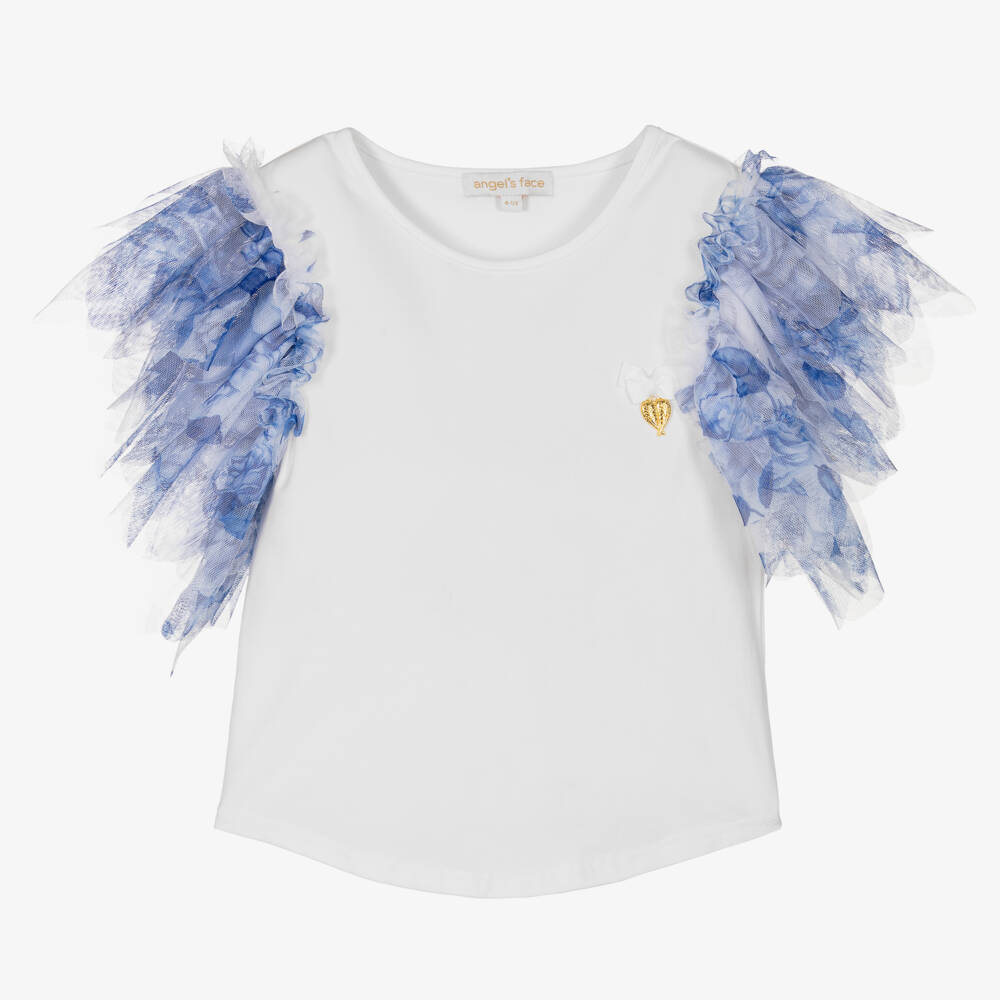Angel's Face-Girls White & Blue Tulle Sleeve Top | Childrensalon Outlet