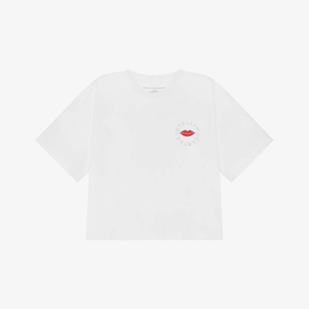 Stella McCartney Kids-Girls White Boxy T-Shirt with Lip Logo Print | Childrensalon Outlet