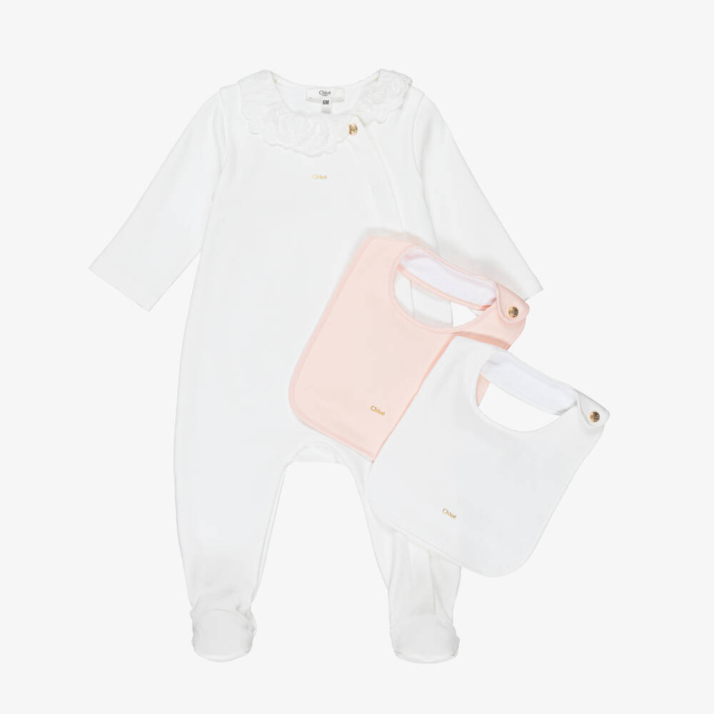 Chloé-Girls White Cotton Babygrow & Bib Set | Childrensalon Outlet