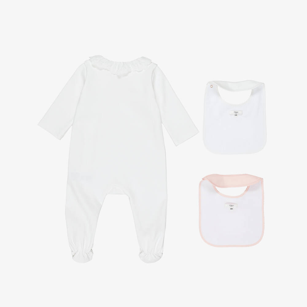 Chloé-Girls White Cotton Babygrow & Bib Set | Childrensalon Outlet