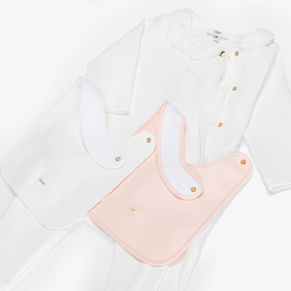Chloé-Girls White Cotton Babygrow & Bib Set | Childrensalon Outlet