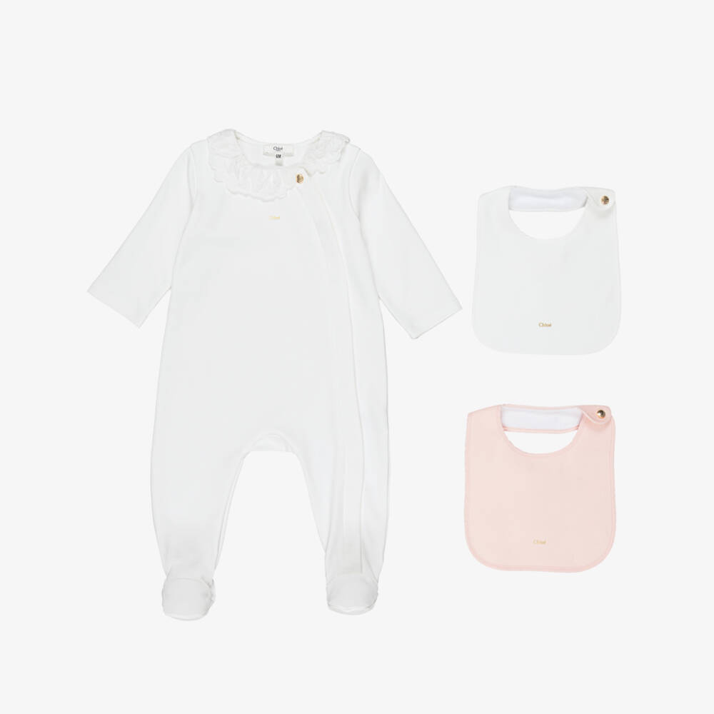 Chloé-Girls White Cotton Babygrow & Bib Set | Childrensalon Outlet