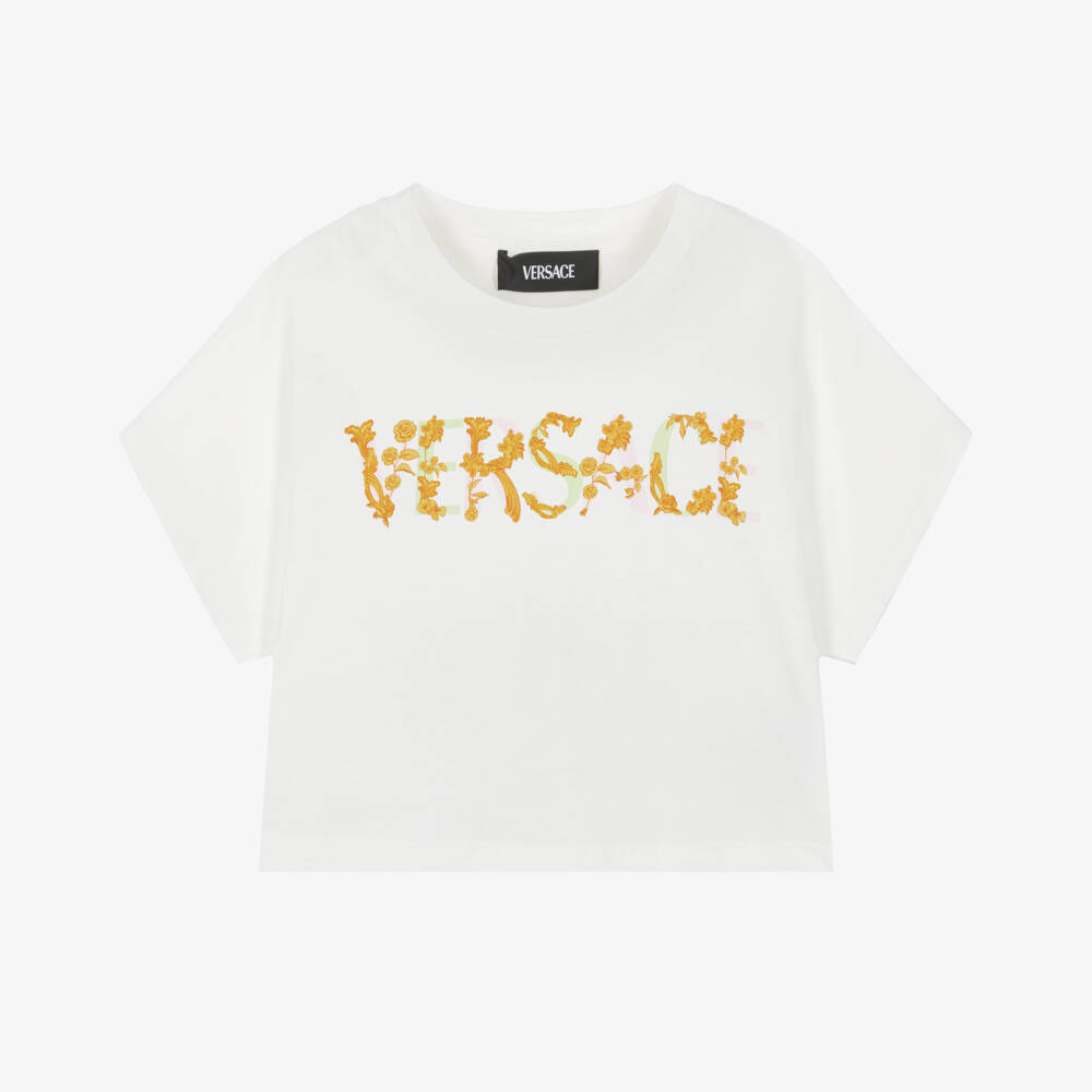 Versace-Girls White Cotton Barocco Logo T-Shirt | Childrensalon Outlet