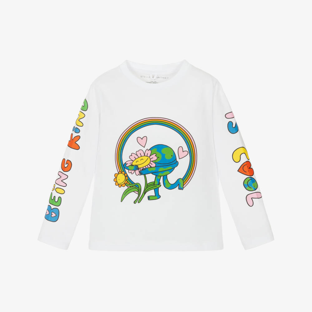 Stella McCartney Kids-Girls White Cotton Being Kind Is Cool Print Top | Childrensalon Outlet
