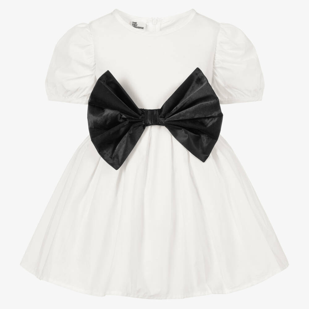 The Tiny Universe-Girls White Cotton & Black Bow Dress | Childrensalon Outlet