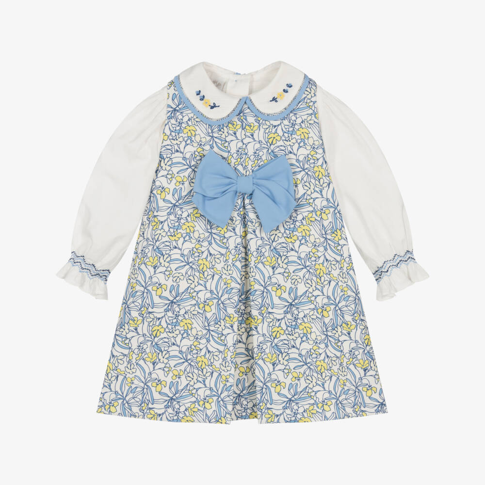 Pretty Originals-Girls White Cotton Blouse & Blue Floral Dress Set | Childrensalon Outlet