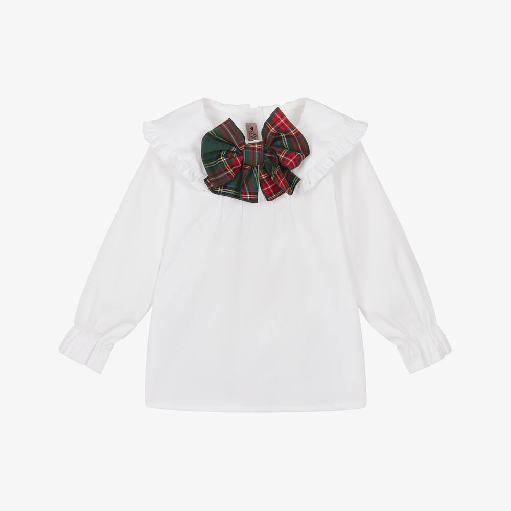 Phi Clothing-Girls White Cotton Blouse with Green Tartan Bow | Childrensalon Outlet
