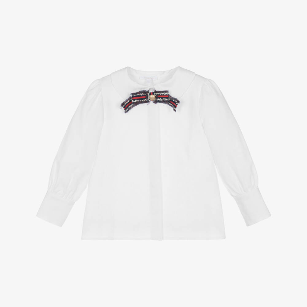 Patachou-Girls White Cotton Blouse with Grosgrain Bow | Childrensalon Outlet