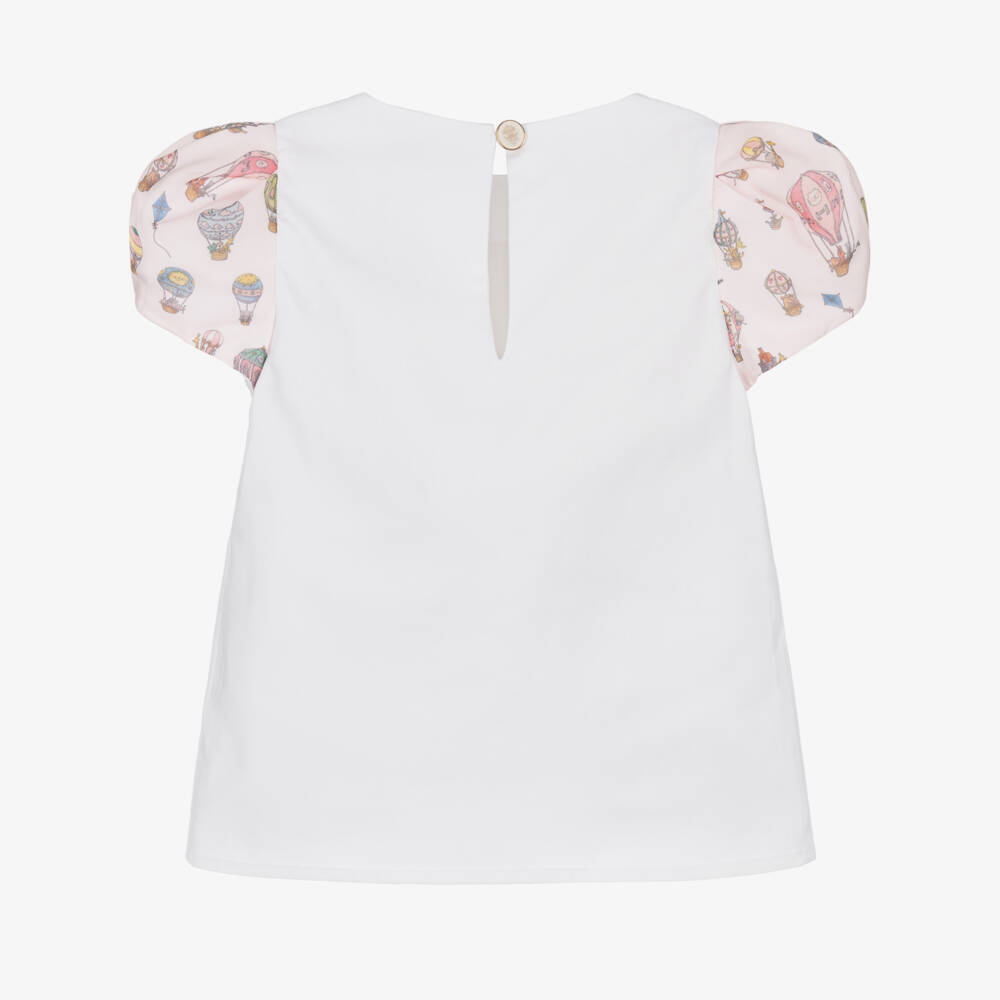Atelier Choux Paris-Girls White Cotton Blouse with Pink Hot Air Balloon Sleeves | Childrensalon Outlet